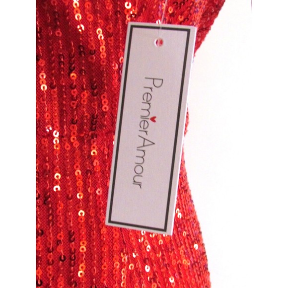 Designer Premier Amour Red Sequin Midi Length Spaghetti Strap Pencil Dress 16.R - Picture 14 of 16